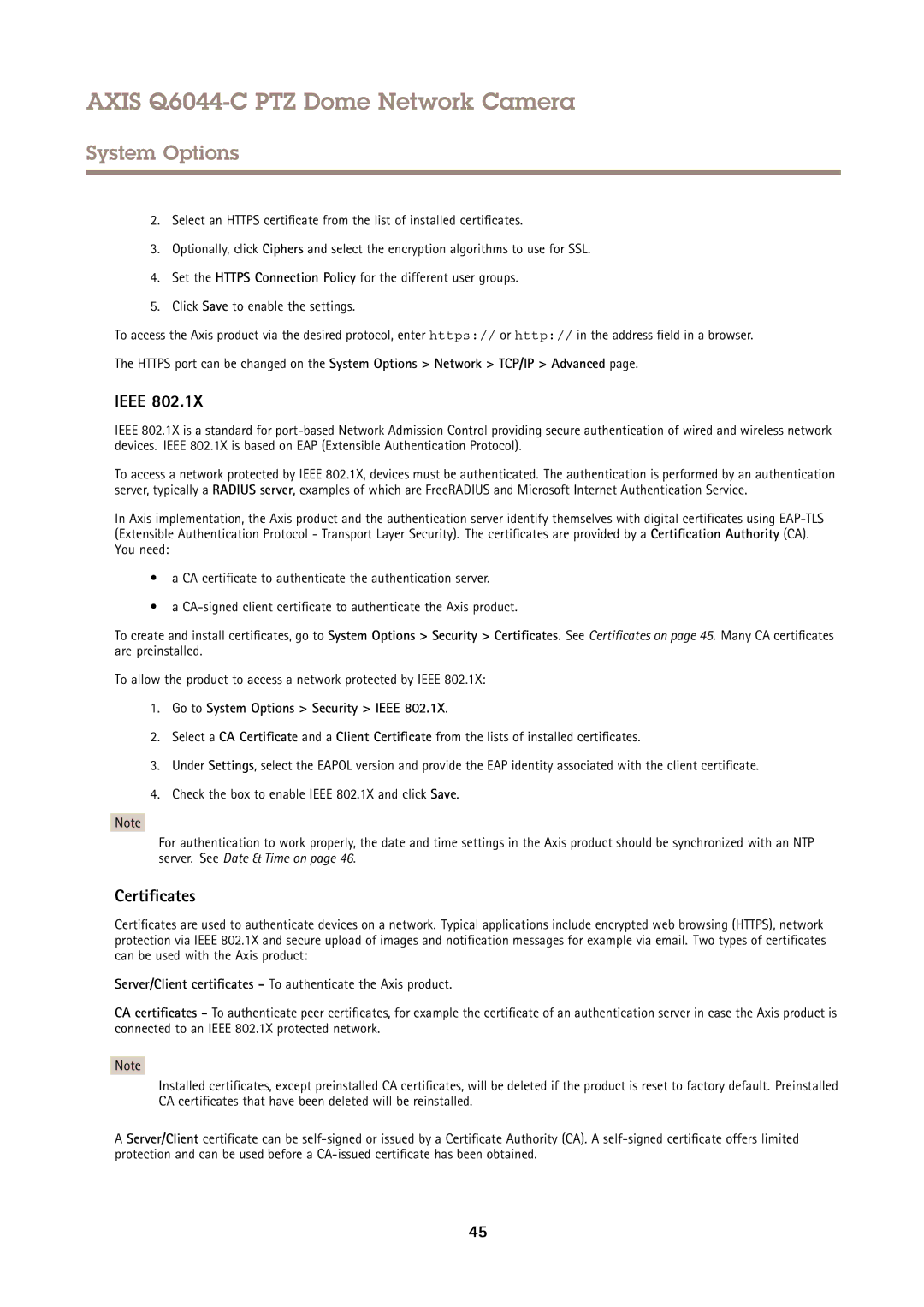 Axis Communications Q6044-C user manual Certificates, Go to System Options Security Ieee 