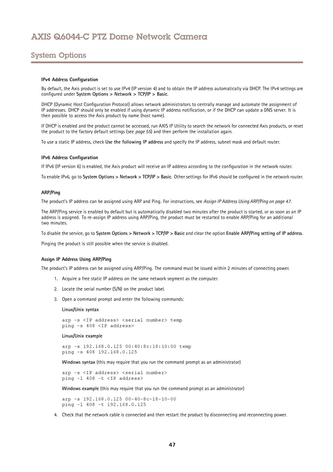 Axis Communications Q6044-C user manual IPv4 Address Configuration, IPv6 Address Configuration, ARP/Ping, Linux/Unix syntax 