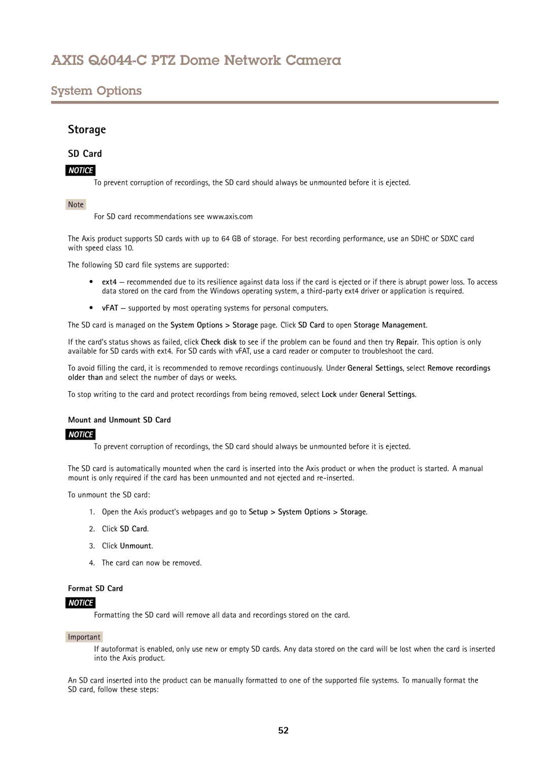 Axis Communications Q6044-C user manual Storage, Mount and Unmount SD Card, Format SD Card 