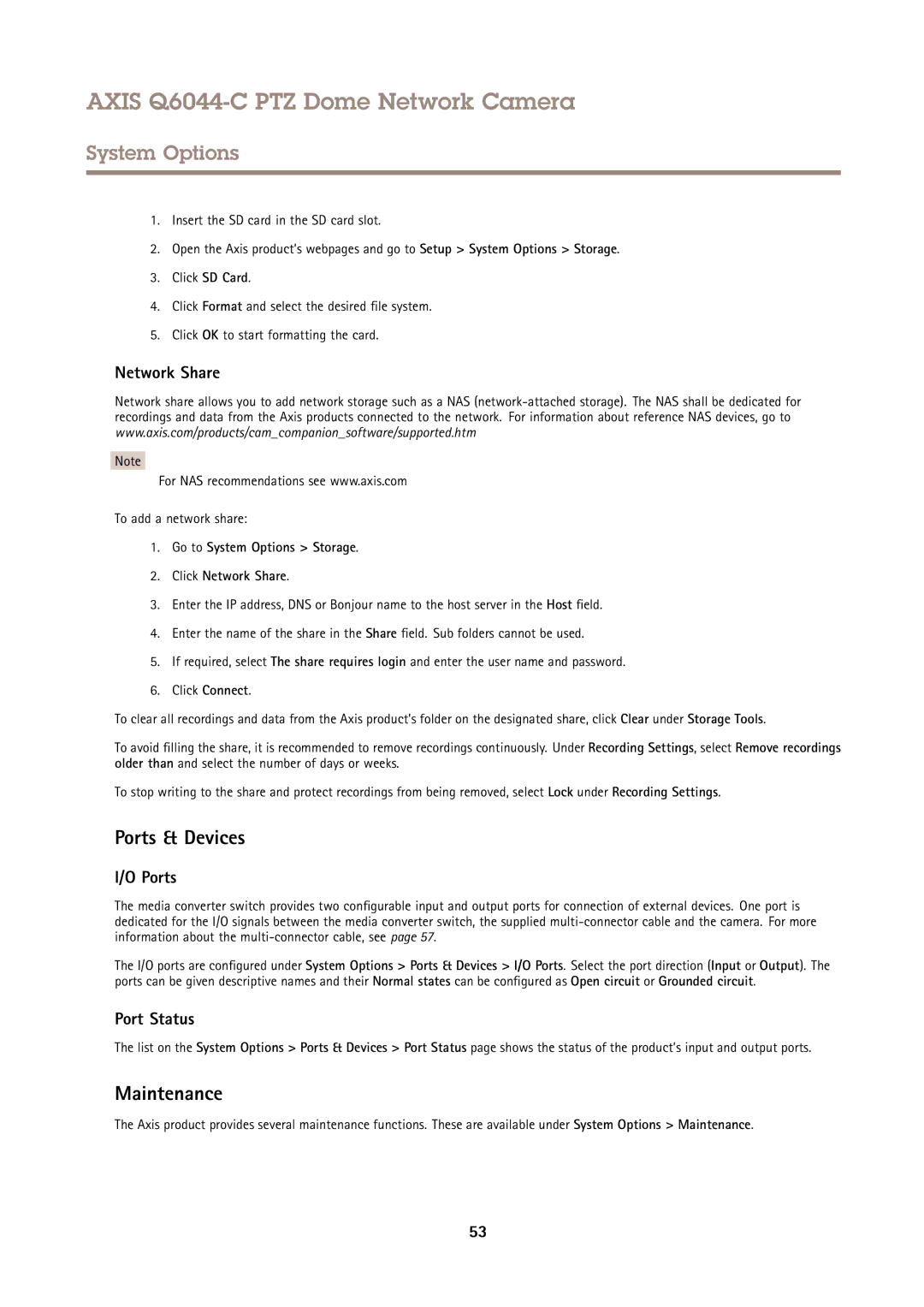 Axis Communications Q6044-C user manual Ports & Devices, Maintenance, Network Share, Port Status 