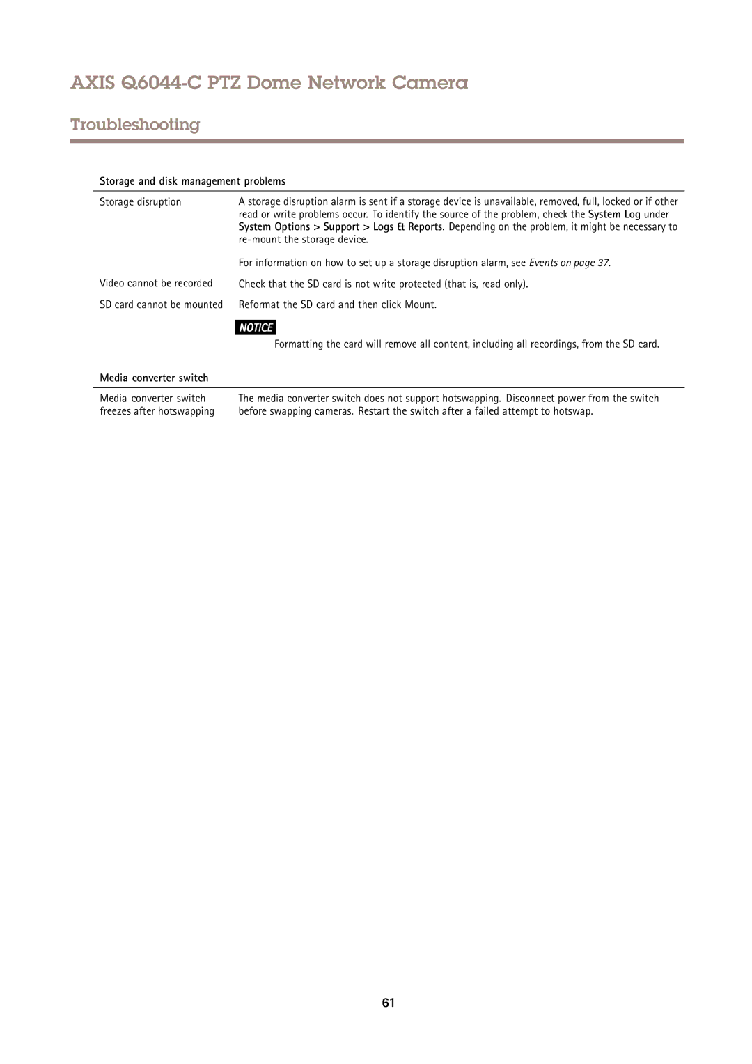 Axis Communications Q6044-C Storage and disk management problems, Storage disruption, Re-mount the storage device 