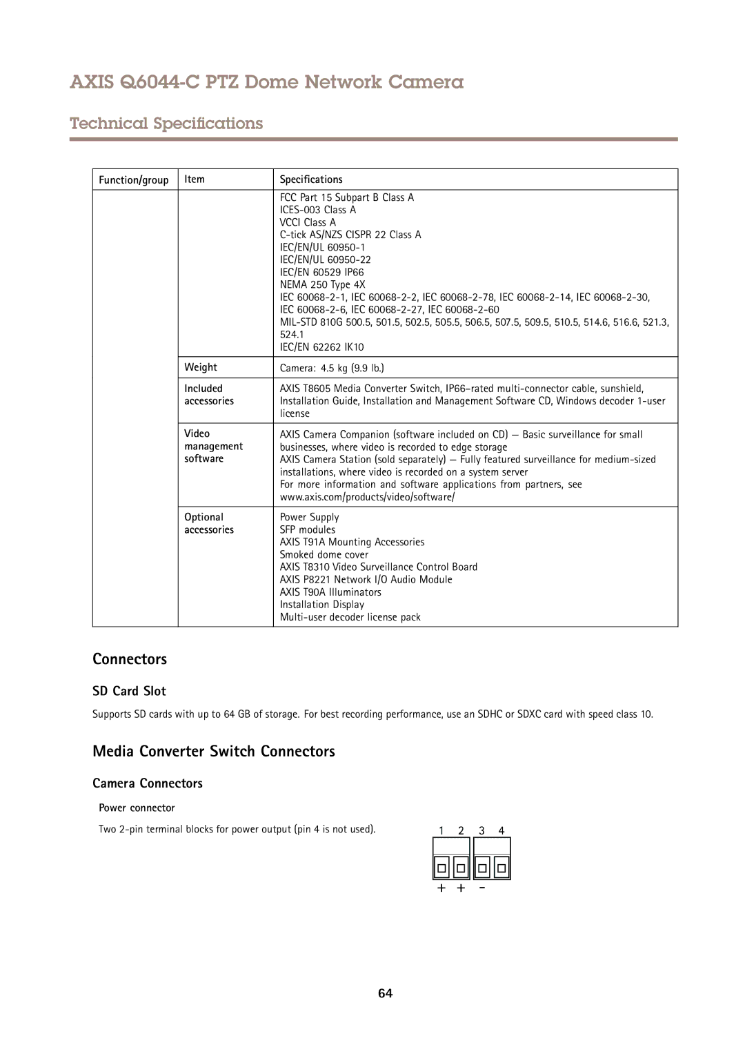 Axis Communications Q6044-C user manual Camera Connectors 