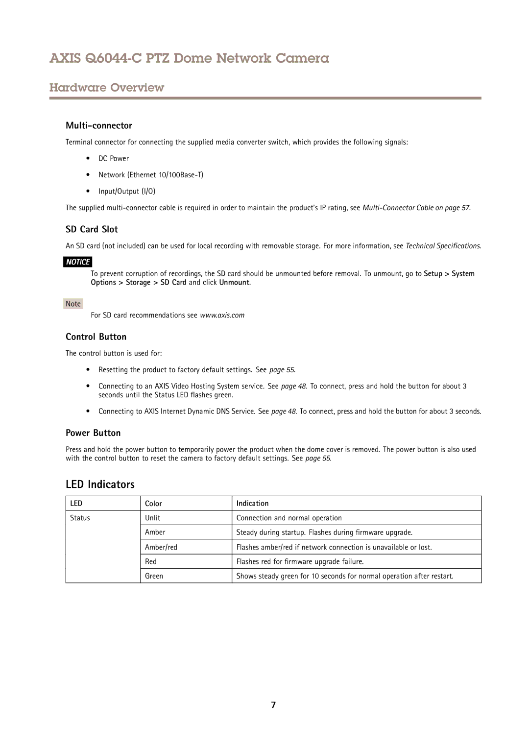Axis Communications Q6044-C user manual LED Indicators, Multi-connector, SD Card Slot, Control Button, Power Button 