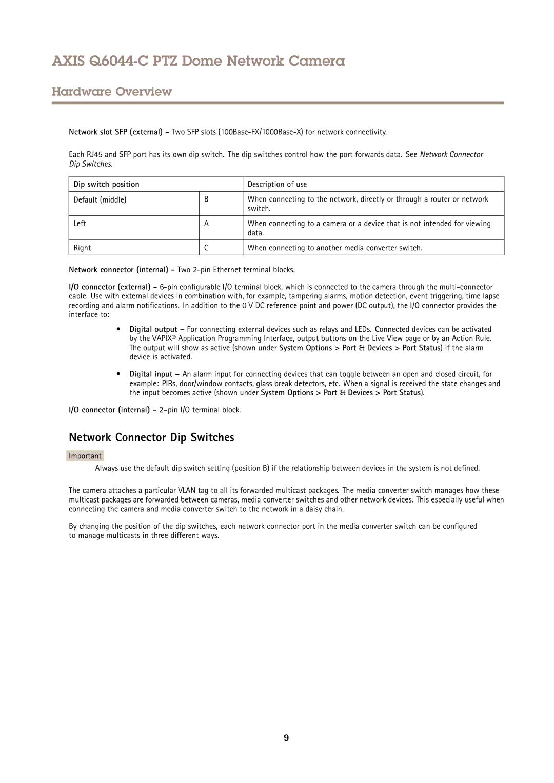 Axis Communications Q6044-C user manual Network Connector Dip Switches, Dip switch position 