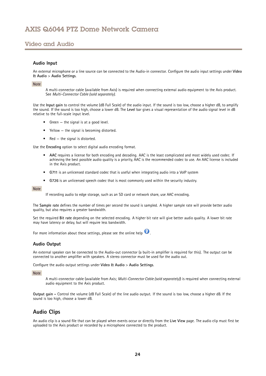 Axis Communications Q6044 user manual Audio Clips, Audio Input, Audio Output 