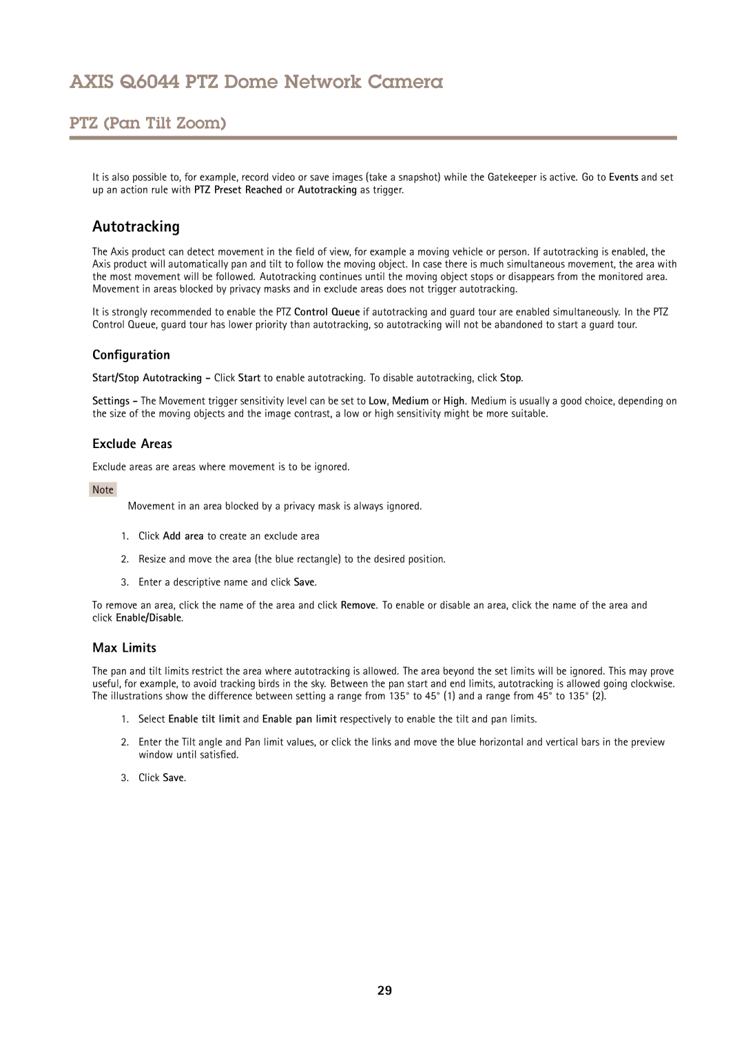 Axis Communications Q6044 user manual Autotracking, Configuration, Exclude Areas, Max Limits 