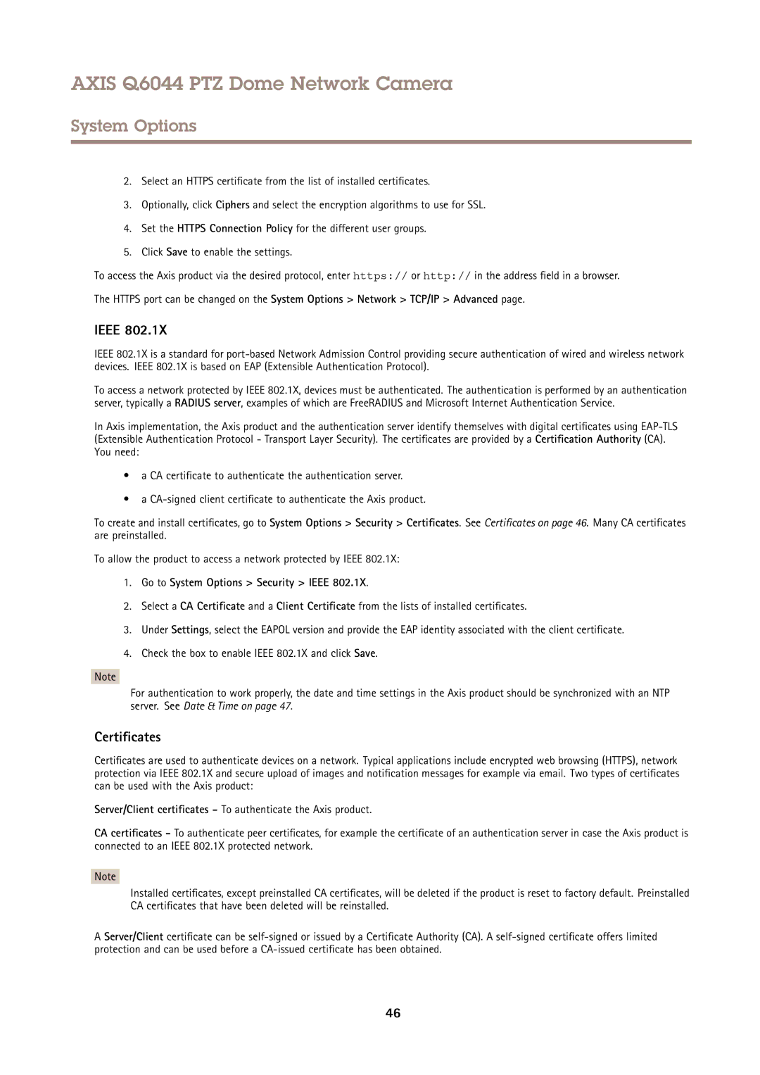 Axis Communications Q6044 user manual Certificates, Go to System Options Security Ieee 