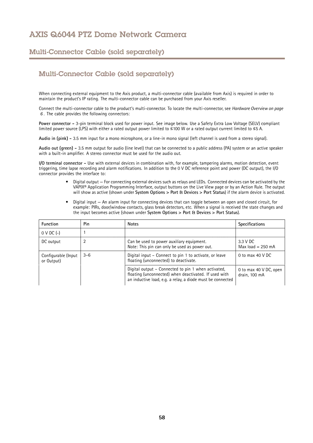 Axis Communications Q6044 user manual Multi-Connector Cable sold separately, Cable provides the following connectors 