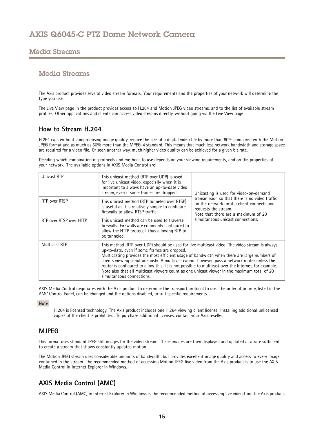 Axis Communications Q6045-C PTZ user manual Media Streams, How to Stream H.264, Axis Media Control AMC 