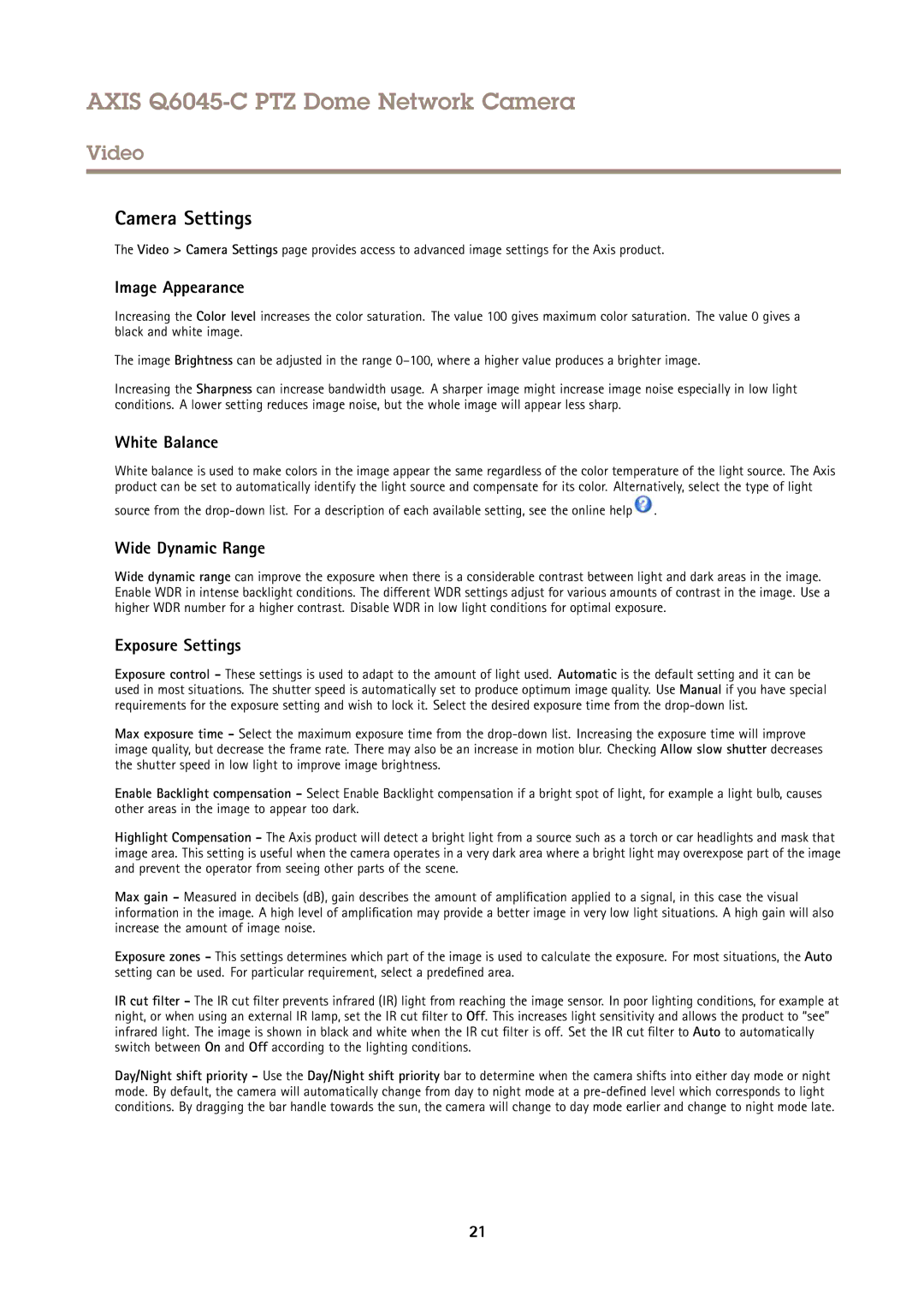 Axis Communications Q6045-C PTZ Camera Settings, Image Appearance, White Balance, Wide Dynamic Range, Exposure Settings 