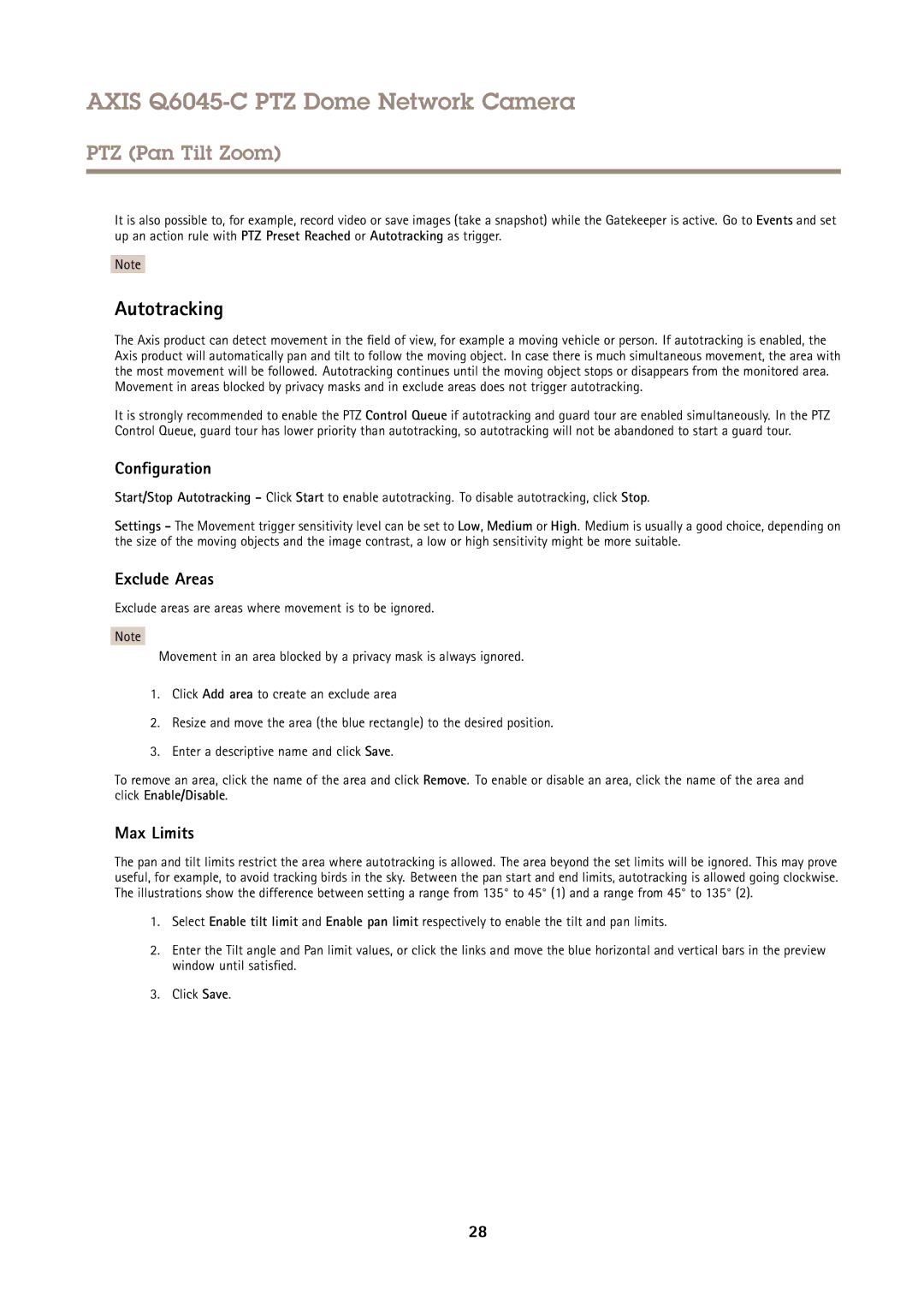 Axis Communications Q6045-C PTZ user manual Autotracking, Configuration, Exclude Areas, Max Limits 