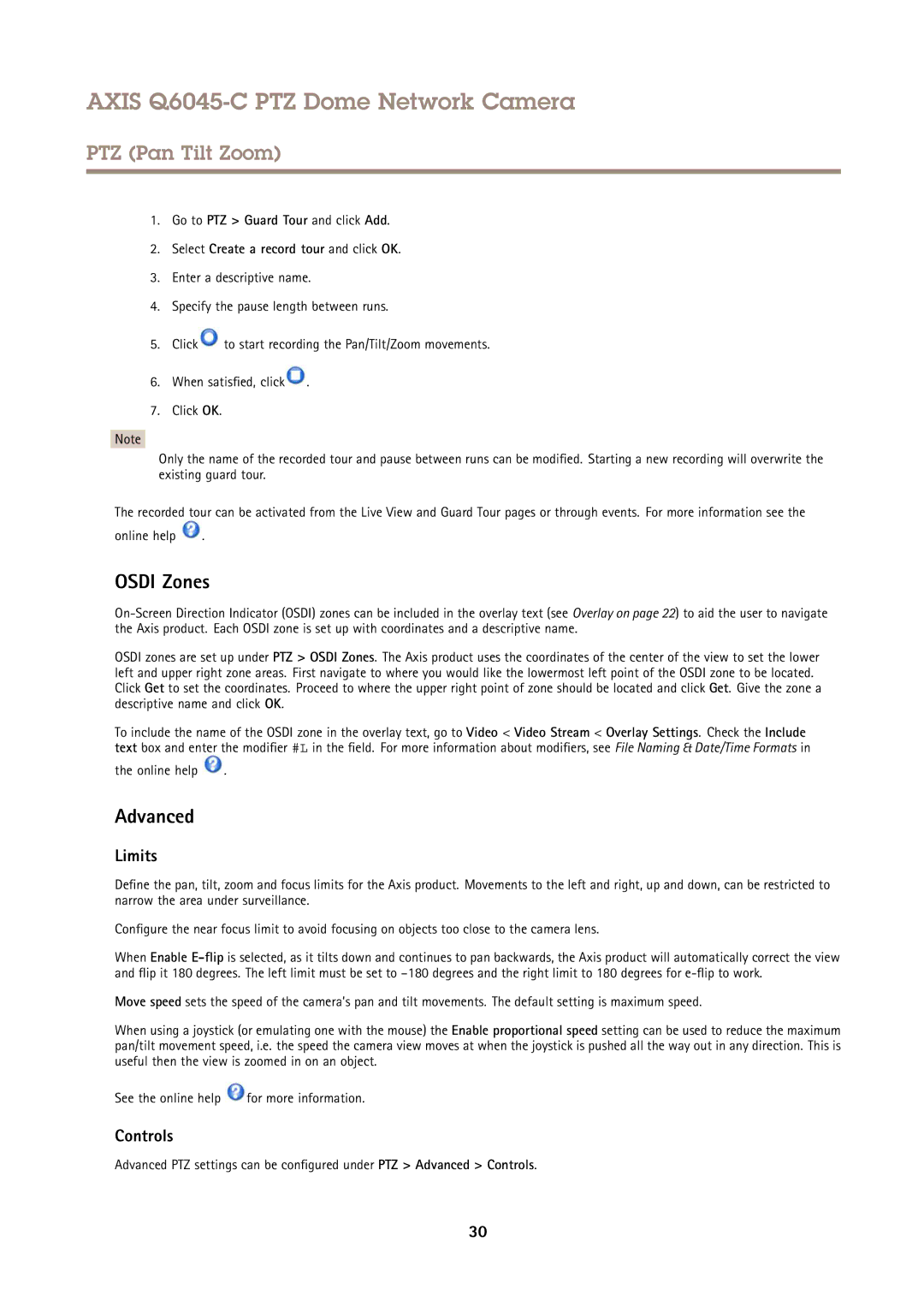 Axis Communications Q6045-C PTZ user manual Osdi Zones, Advanced, Limits, Controls 