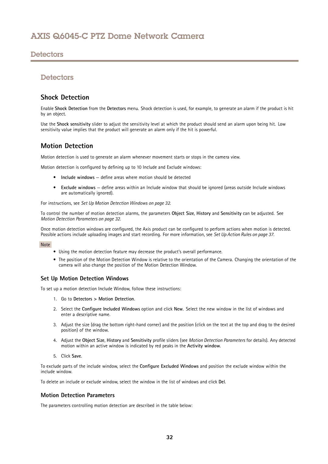 Axis Communications Q6045-C PTZ user manual Detectors, Shock Detection, Set Up Motion Detection Windows 