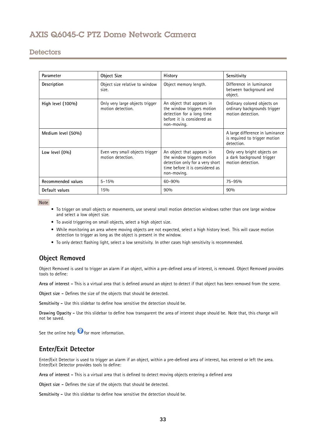 Axis Communications Q6045-C PTZ user manual Object Removed, Enter/Exit Detector 