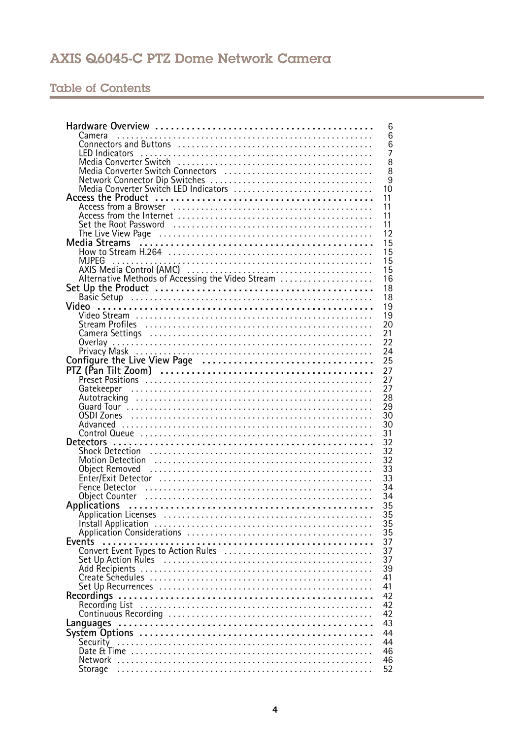 Axis Communications user manual Axis Q6045-C PTZ Dome Network Camera, Table of Contents 