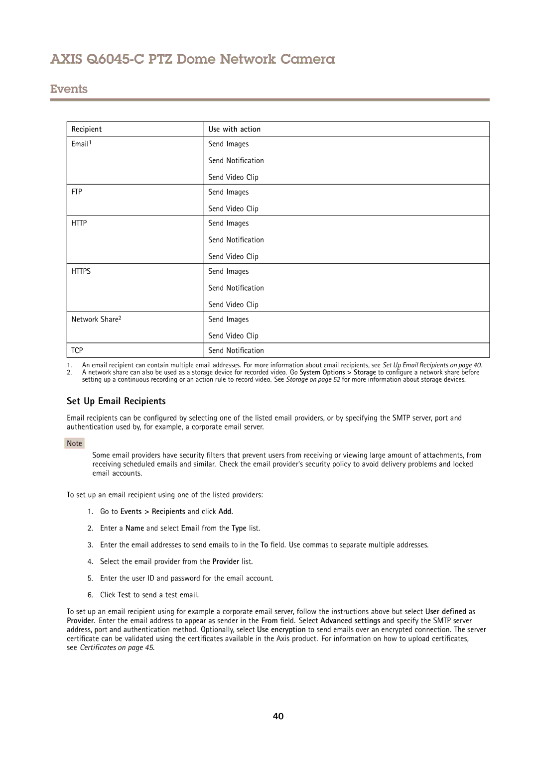 Axis Communications Q6045-C PTZ user manual Set Up Email Recipients, Recipient Use with action 