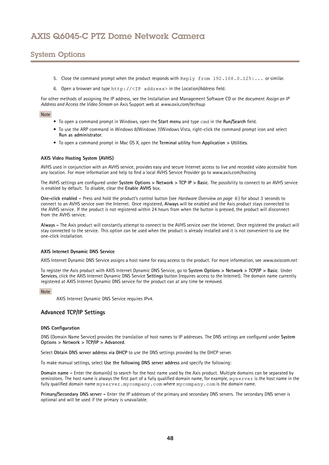 Axis Communications Q6045-C PTZ user manual Advanced TCP/IP Settings, Axis Video Hosting System Avhs, DNS Configuration 