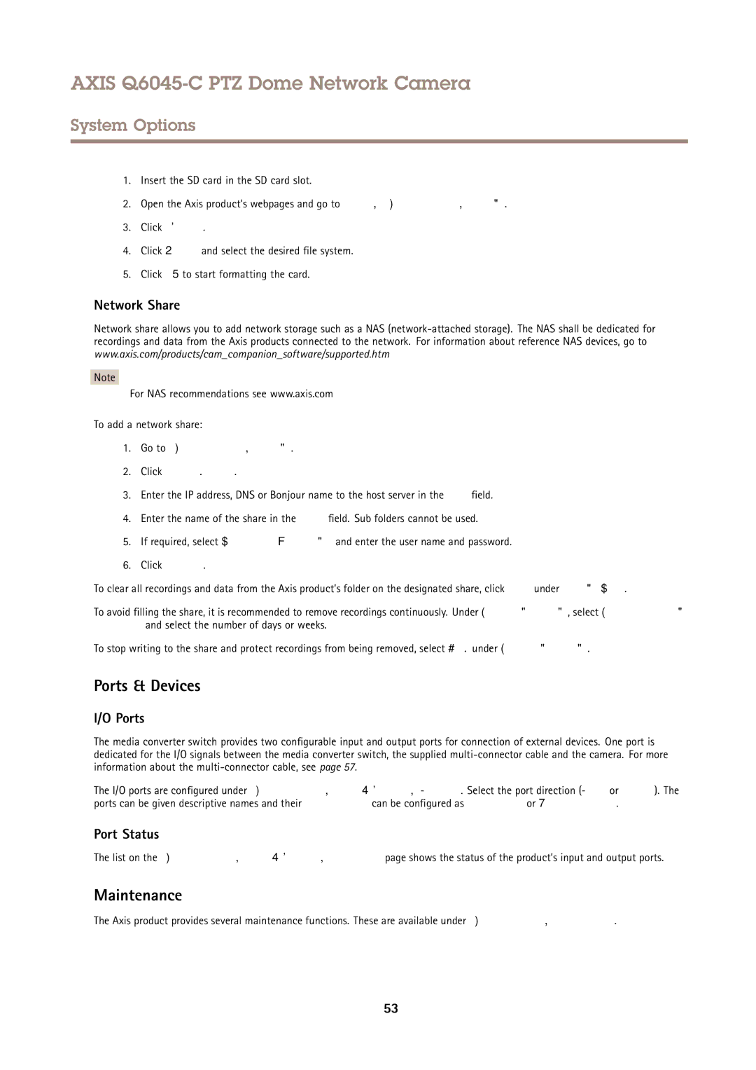 Axis Communications Q6045-C PTZ user manual Ports & Devices, Maintenance, Network Share, Port Status 