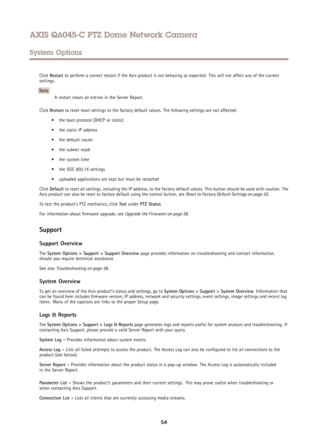 Axis Communications Q6045-C PTZ user manual Support Overview, System Overview, Logs & Reports 