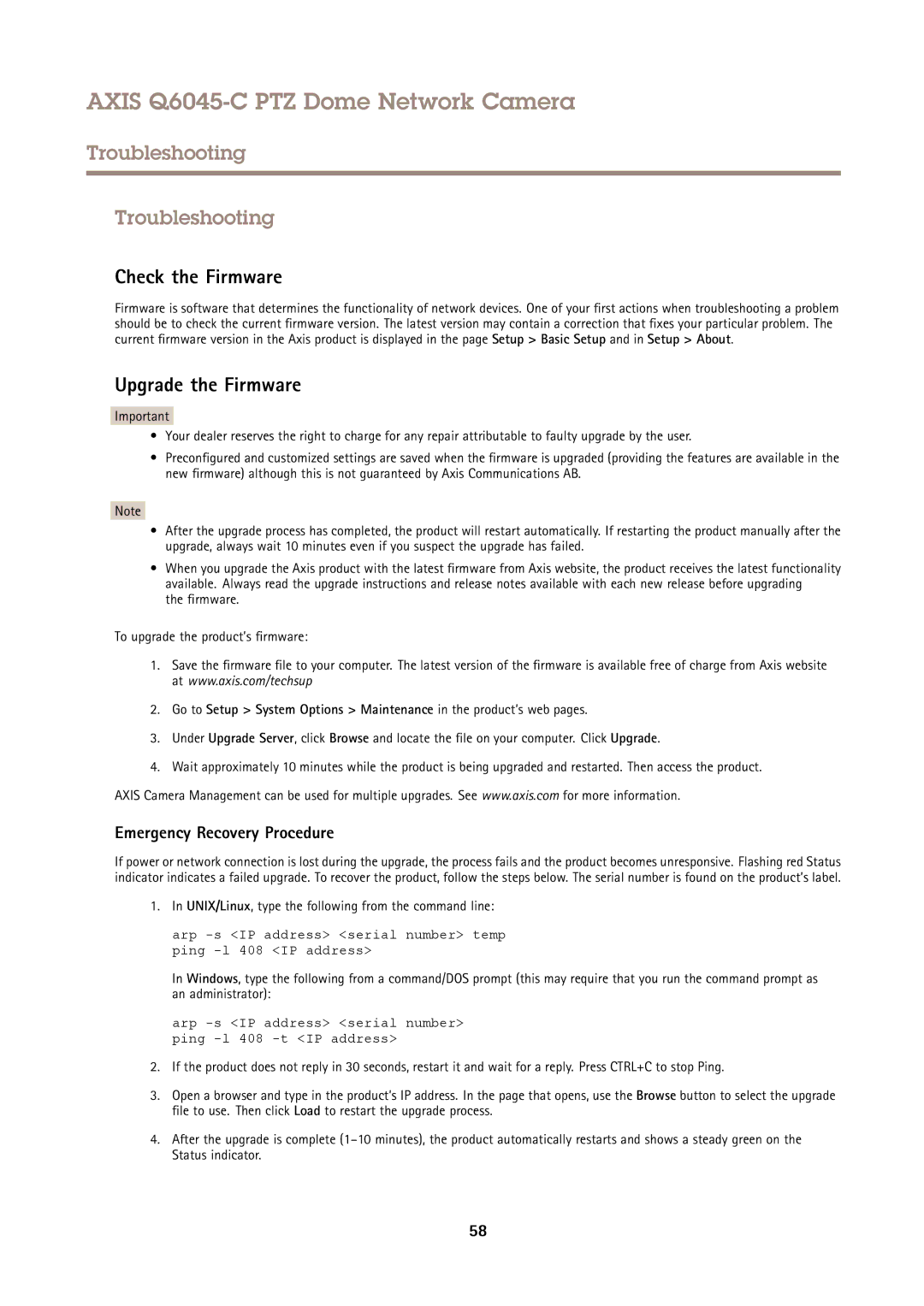 Axis Communications Q6045-C PTZ Troubleshooting, Check the Firmware, Upgrade the Firmware, Emergency Recovery Procedure 