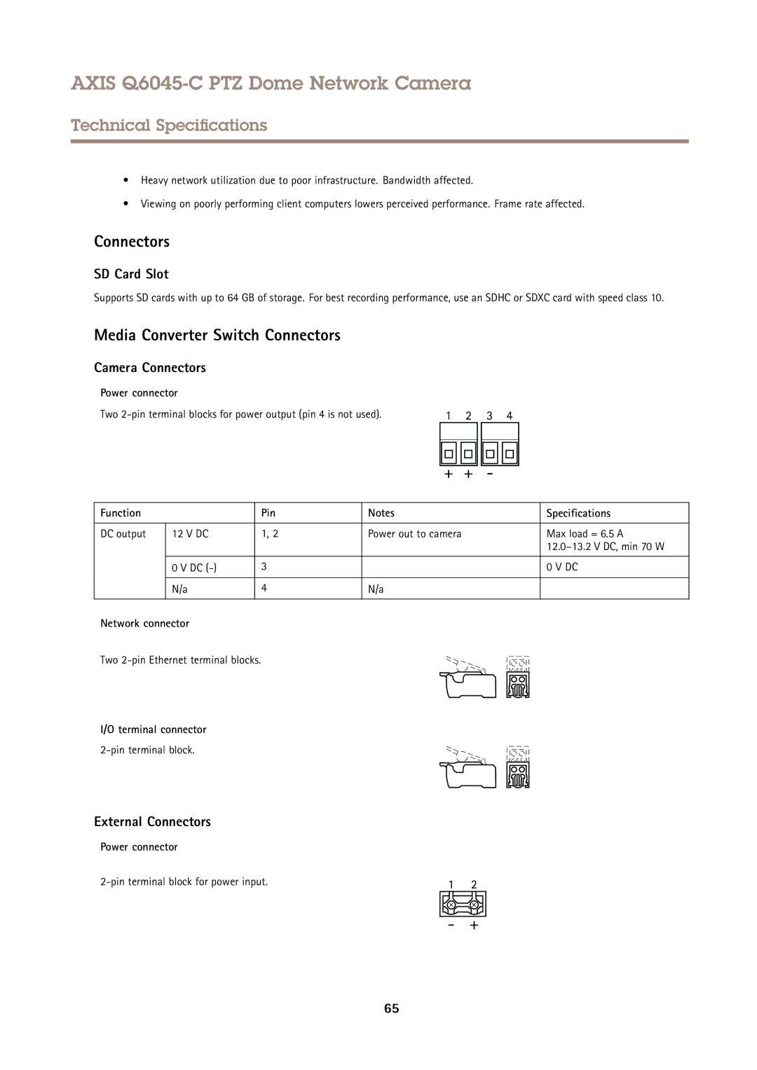 Axis Communications Q6045-C PTZ user manual Camera Connectors, External Connectors 