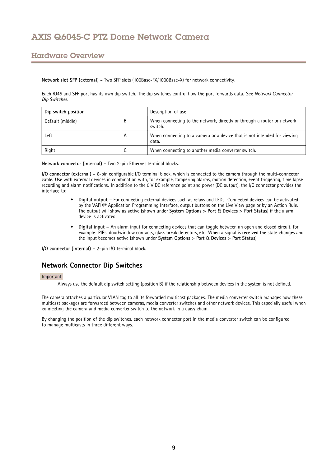 Axis Communications Q6045-C PTZ user manual Network Connector Dip Switches, Dip switch position 