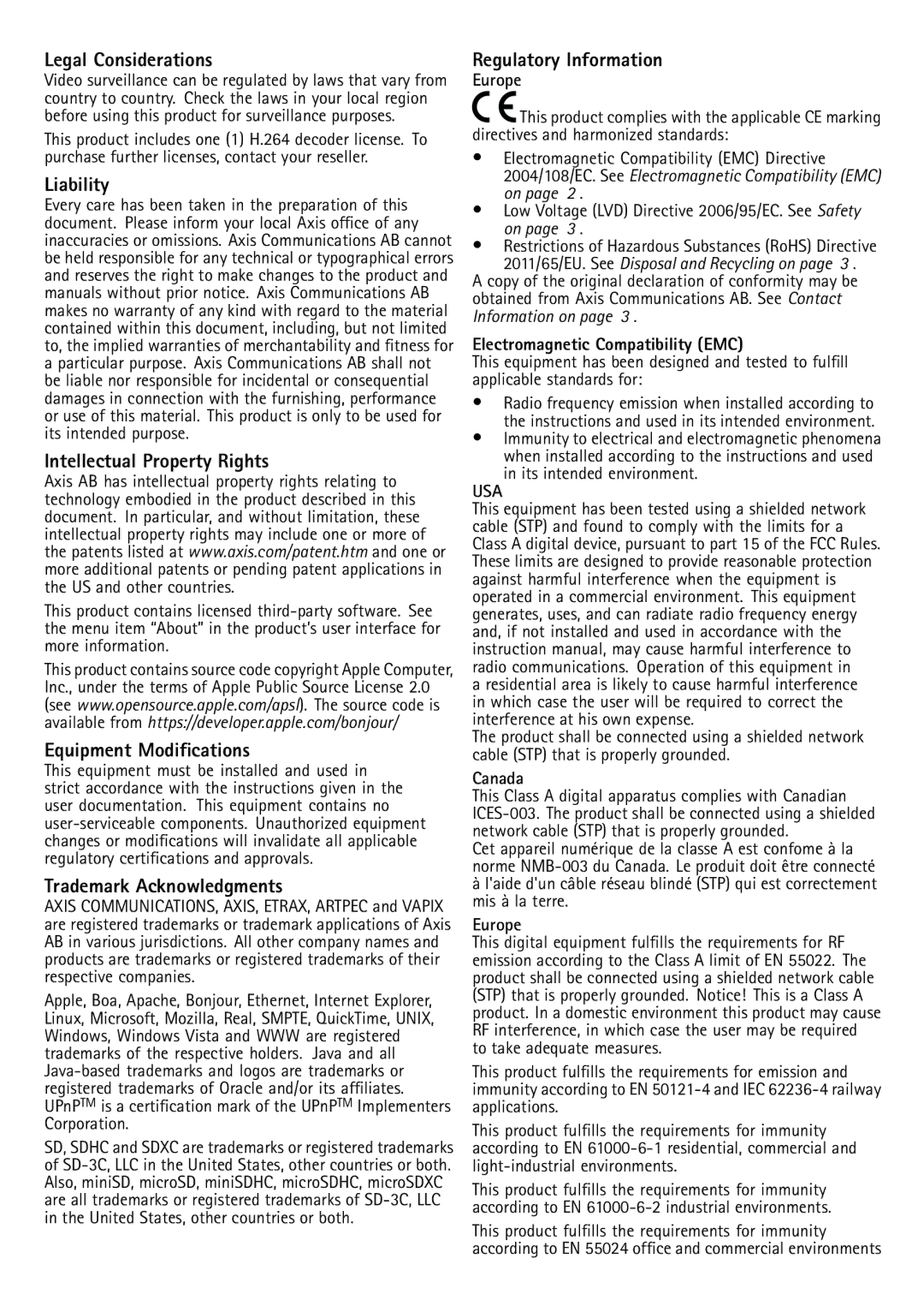 Axis Communications Q6042-E manual Legal Considerations, Liability, Intellectual Property Rights, Equipment Modifications 