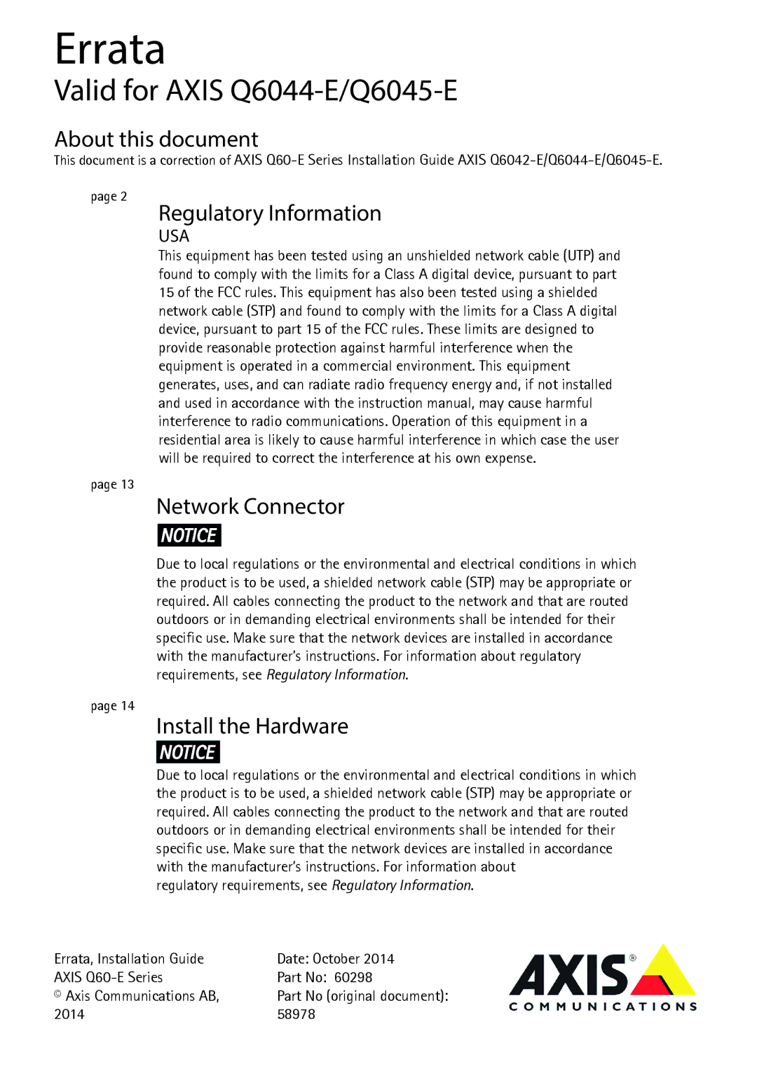 Axis Communications Q6045-E, Q6044-E, Q6042-E manual Errata 