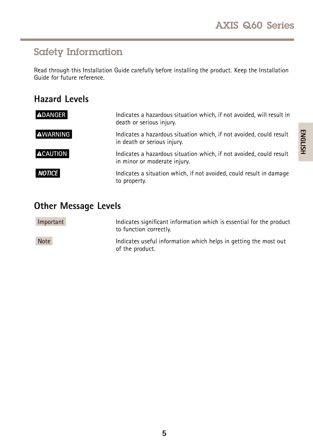 Axis Communications Q6042-E, Q6045-E, Q6044-E manual Hazard Levels, Other Message Levels 