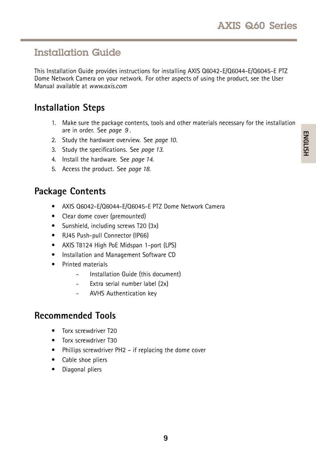 Axis Communications Q6045-E, Q6044-E, Q6042-E manual Installation Steps, Package Contents, Recommended Tools 