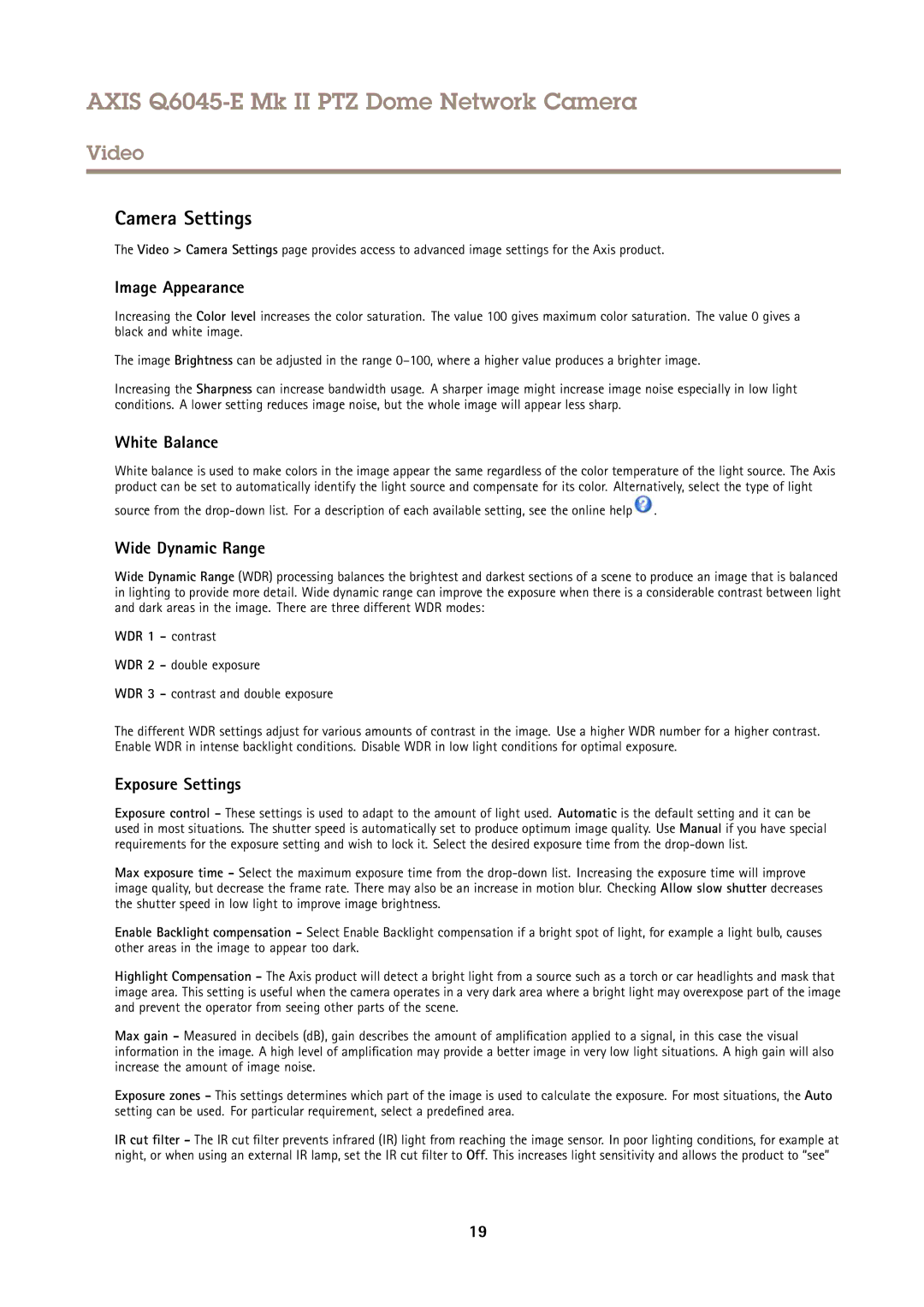 Axis Communications Q6045-E Camera Settings, Image Appearance, White Balance, Wide Dynamic Range, Exposure Settings 