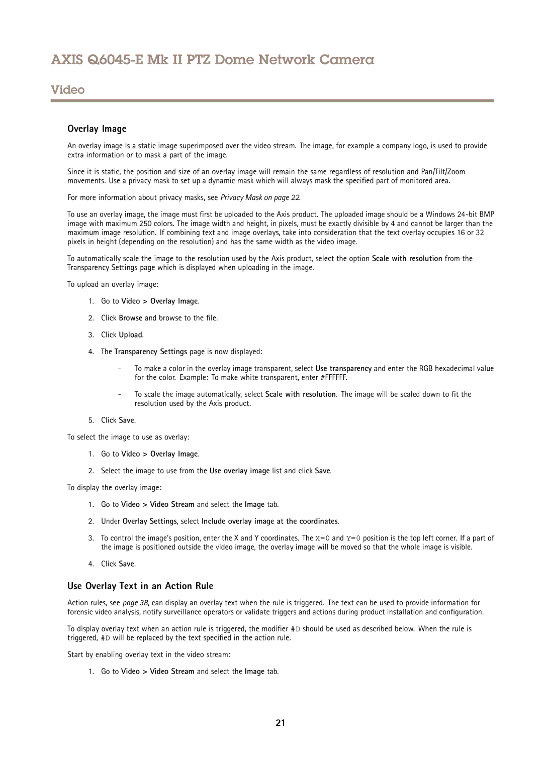 Axis Communications Q6045-E user manual Use Overlay Text in an Action Rule, Go to Video Overlay Image 