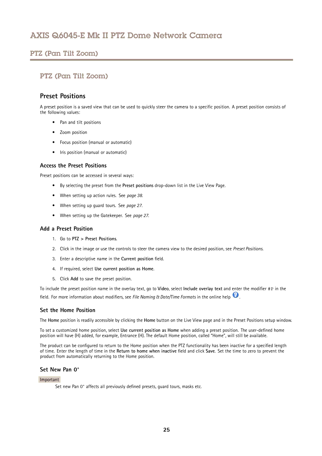 Axis Communications Q6045-E user manual PTZ Pan Tilt Zoom, Preset Positions 