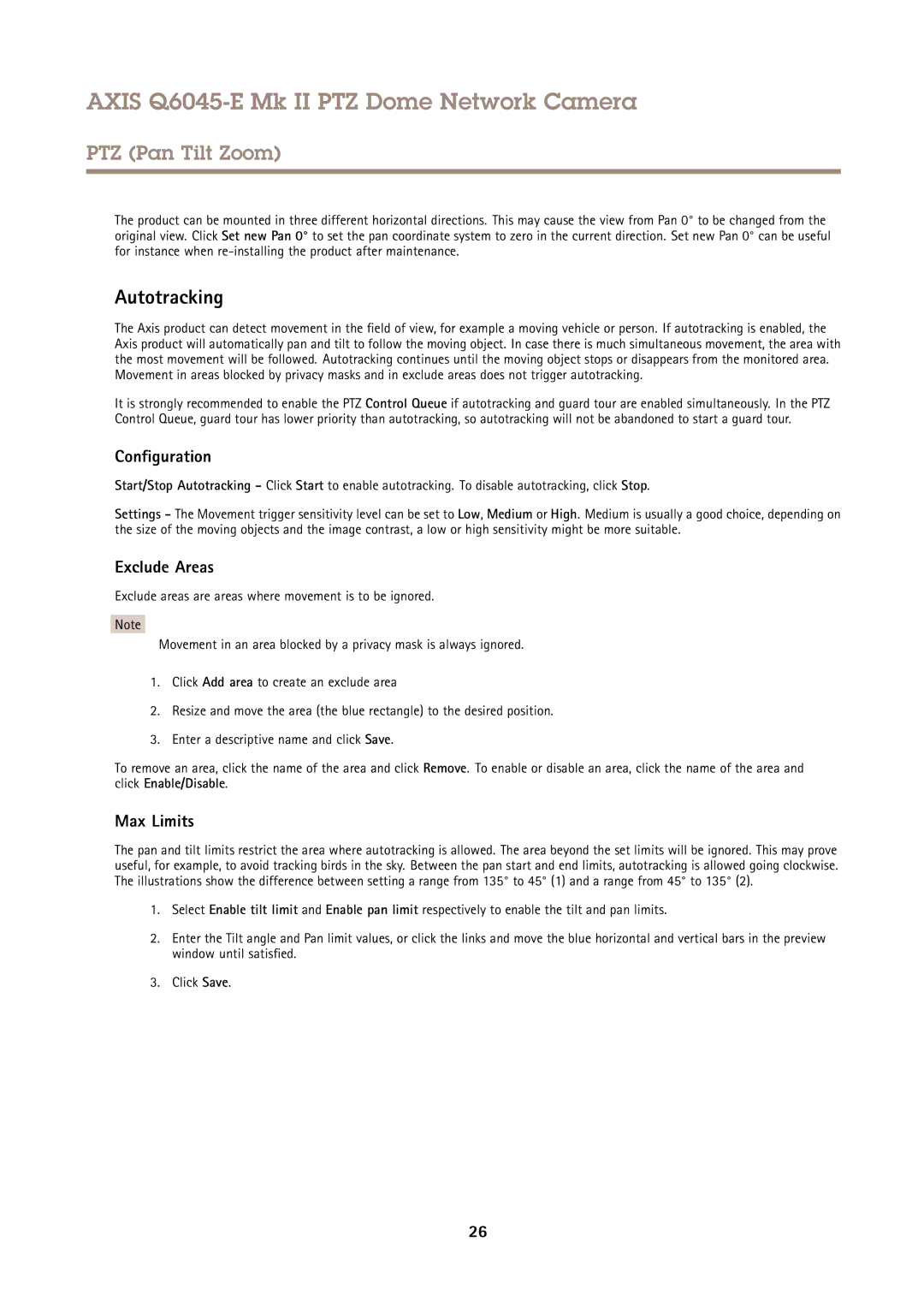 Axis Communications Q6045-E user manual Autotracking, Configuration, Exclude Areas, Max Limits 