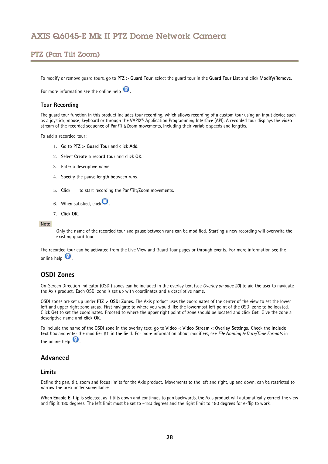 Axis Communications Q6045-E user manual Osdi Zones, Advanced, Tour Recording, Limits, To add a recorded tour 