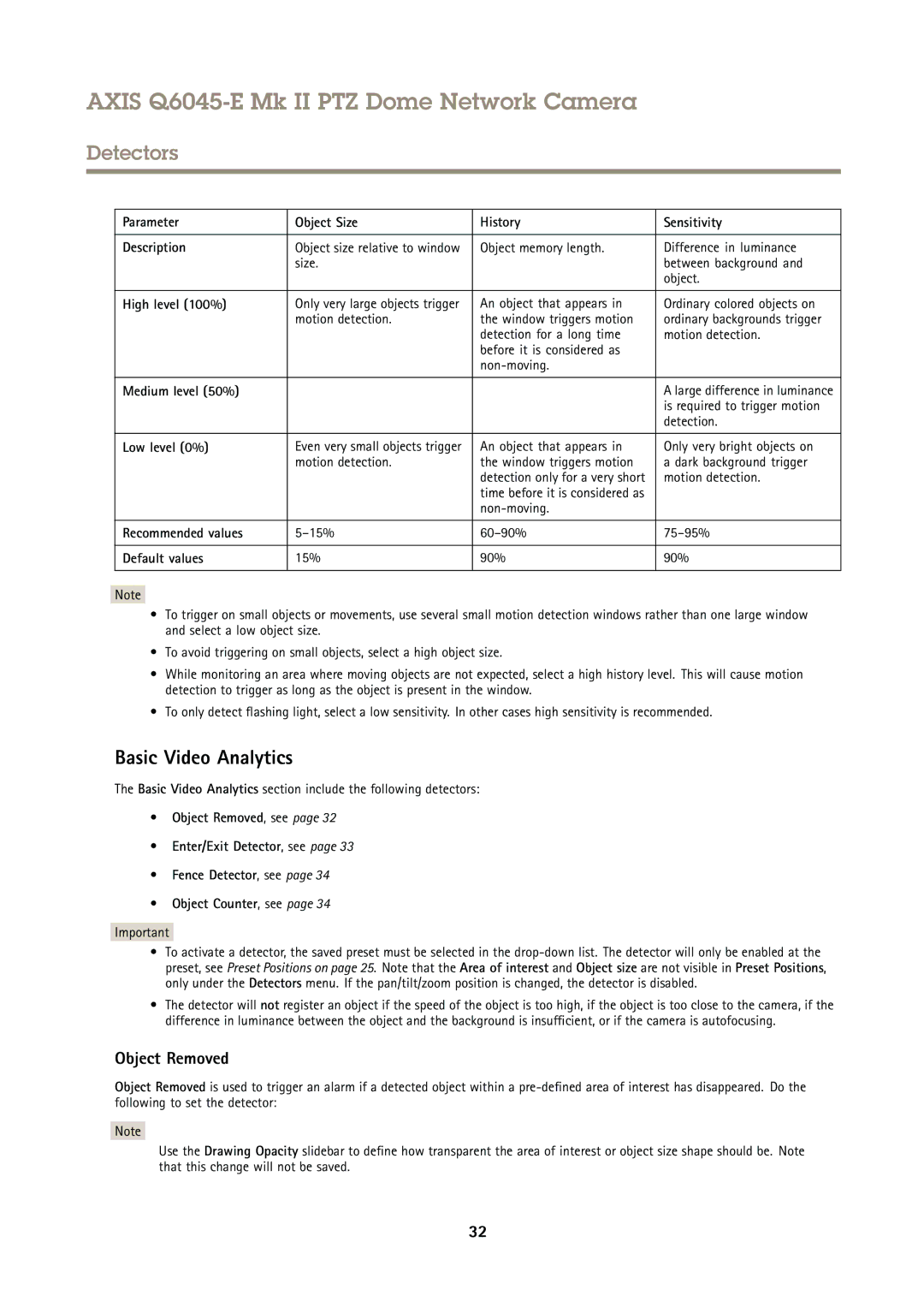 Axis Communications Q6045-E user manual Basic Video Analytics, Object Removed 