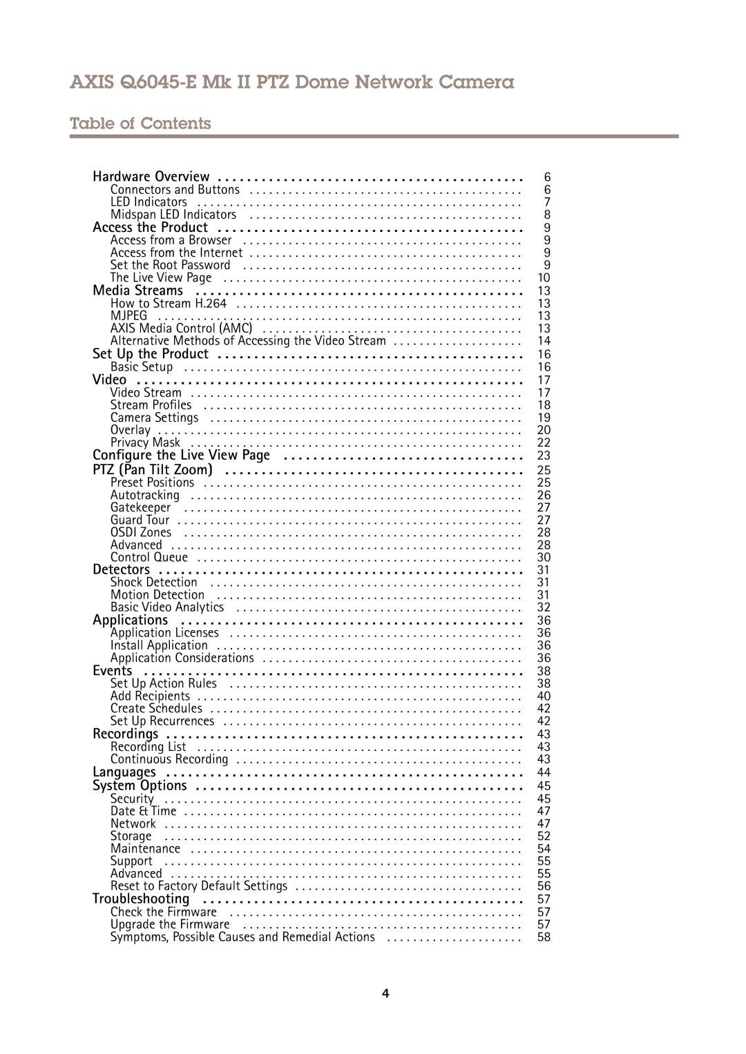 Axis Communications user manual Axis Q6045-E Mk II PTZ Dome Network Camera, Table of Contents 