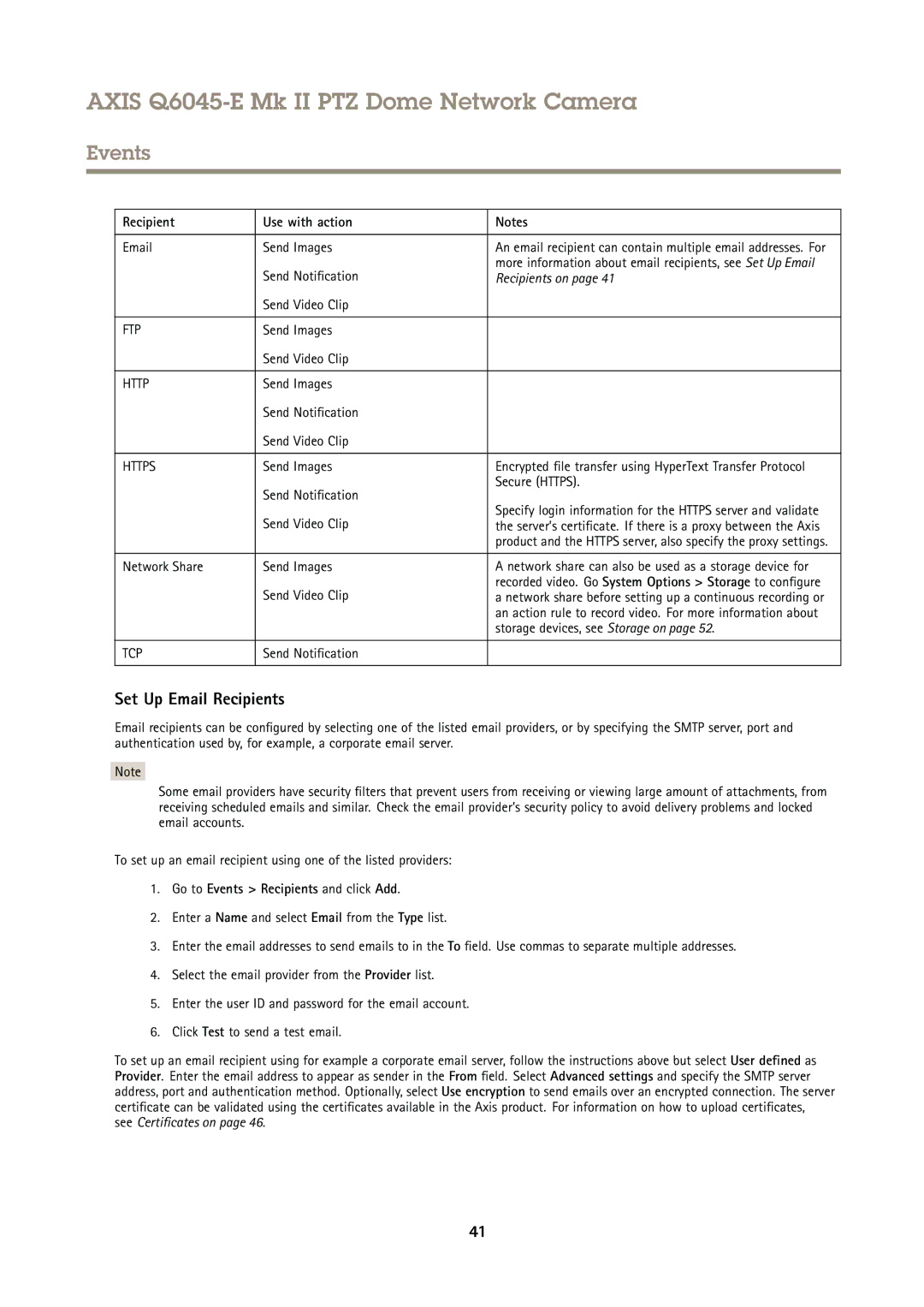 Axis Communications Q6045-E user manual Set Up Email Recipients, Recipient Use with action 