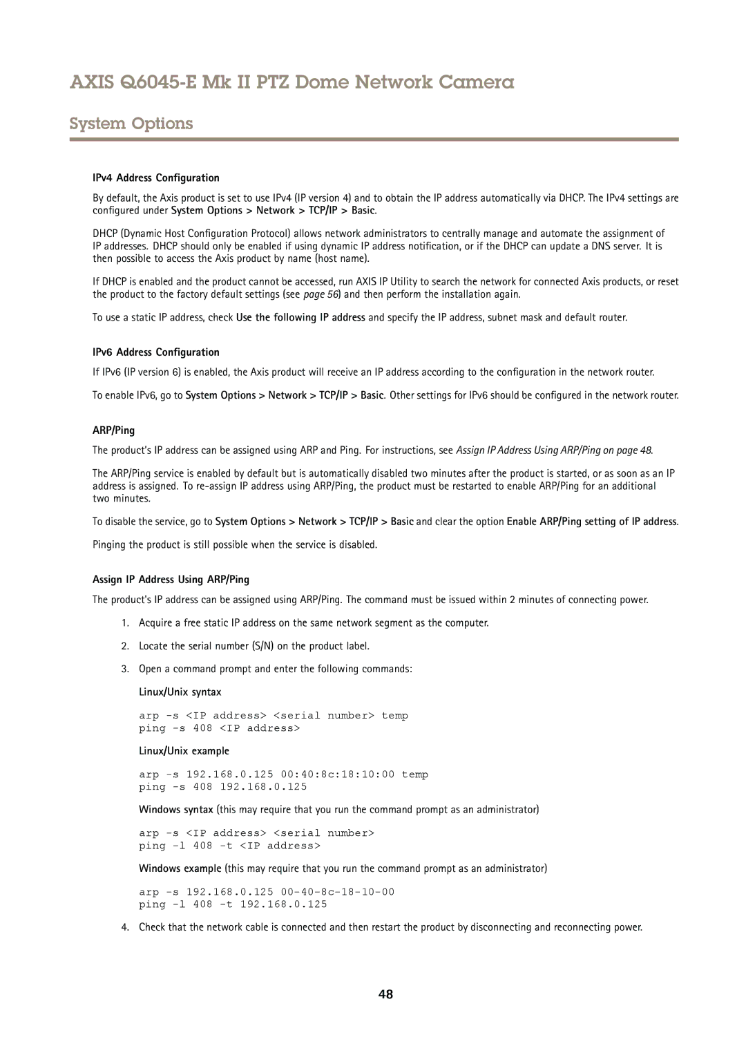 Axis Communications Q6045-E user manual IPv4 Address Configuration, IPv6 Address Configuration, ARP/Ping, Linux/Unix syntax 