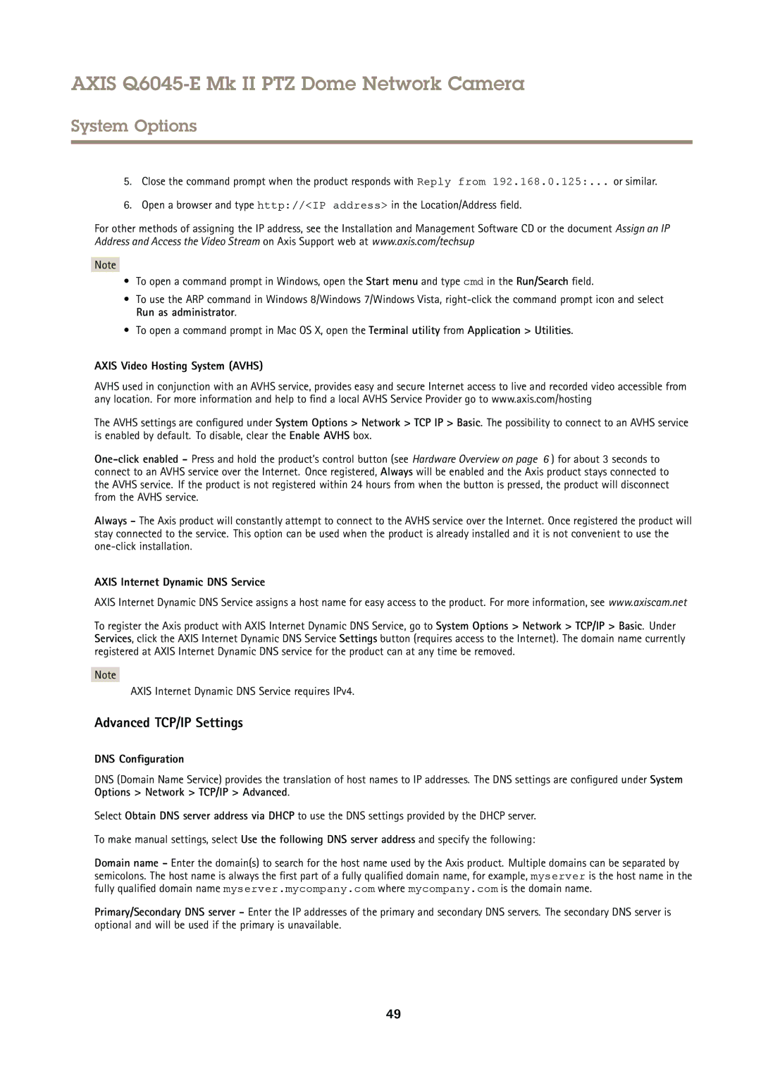 Axis Communications Q6045-E Advanced TCP/IP Settings, Axis Video Hosting System Avhs, Axis Internet Dynamic DNS Service 