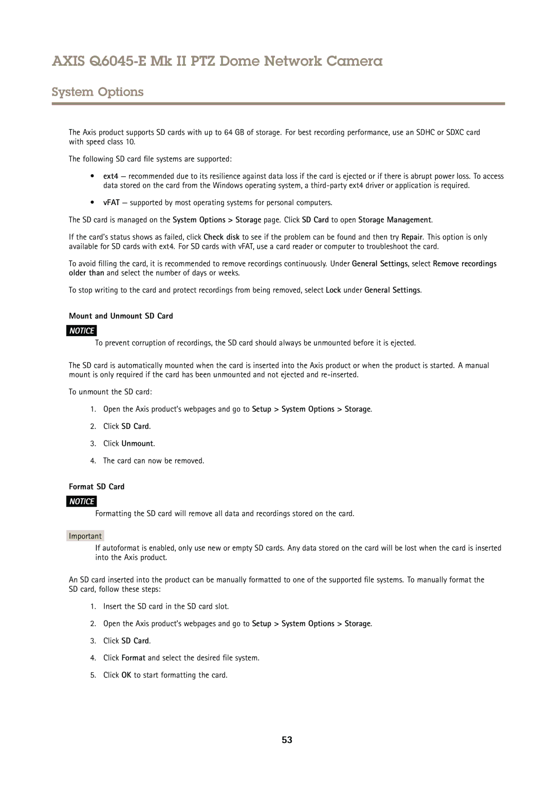 Axis Communications Q6045-E user manual Mount and Unmount SD Card, Format SD Card 