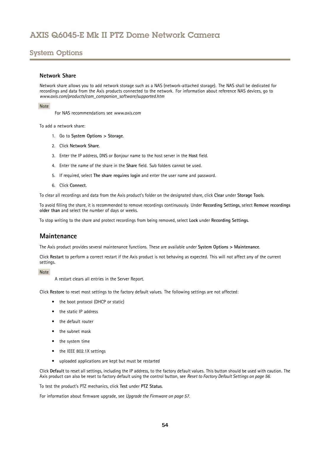 Axis Communications Q6045-E user manual Maintenance, Network Share, To add a network share 