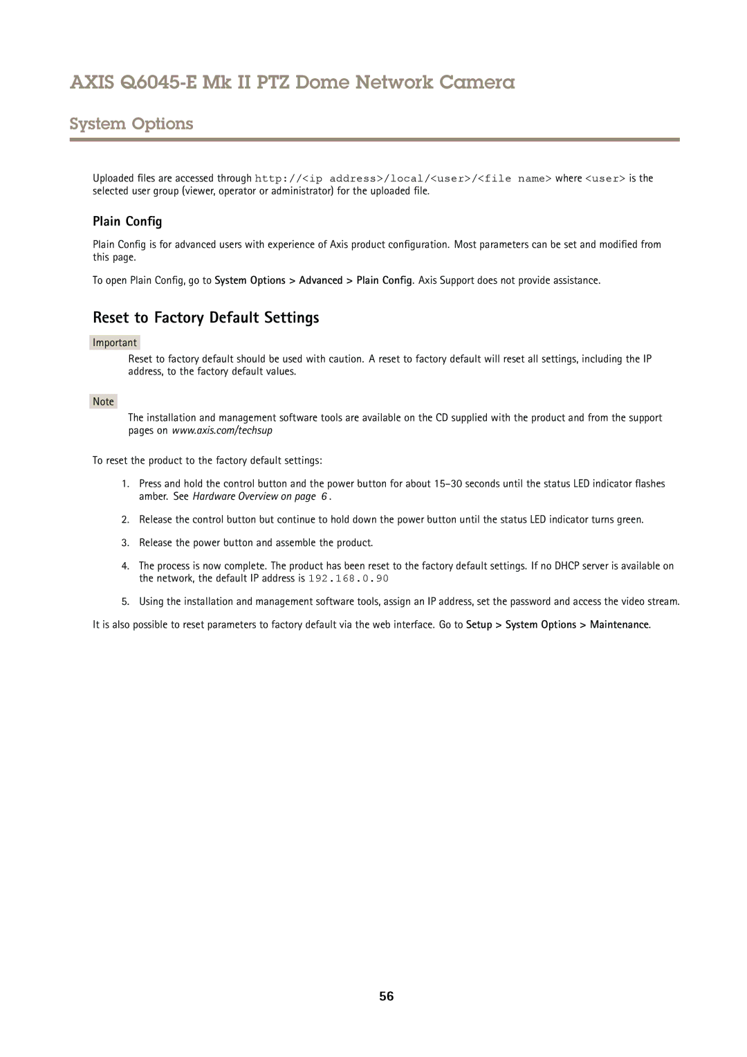 Axis Communications Q6045-E user manual Reset to Factory Default Settings, Plain Config 