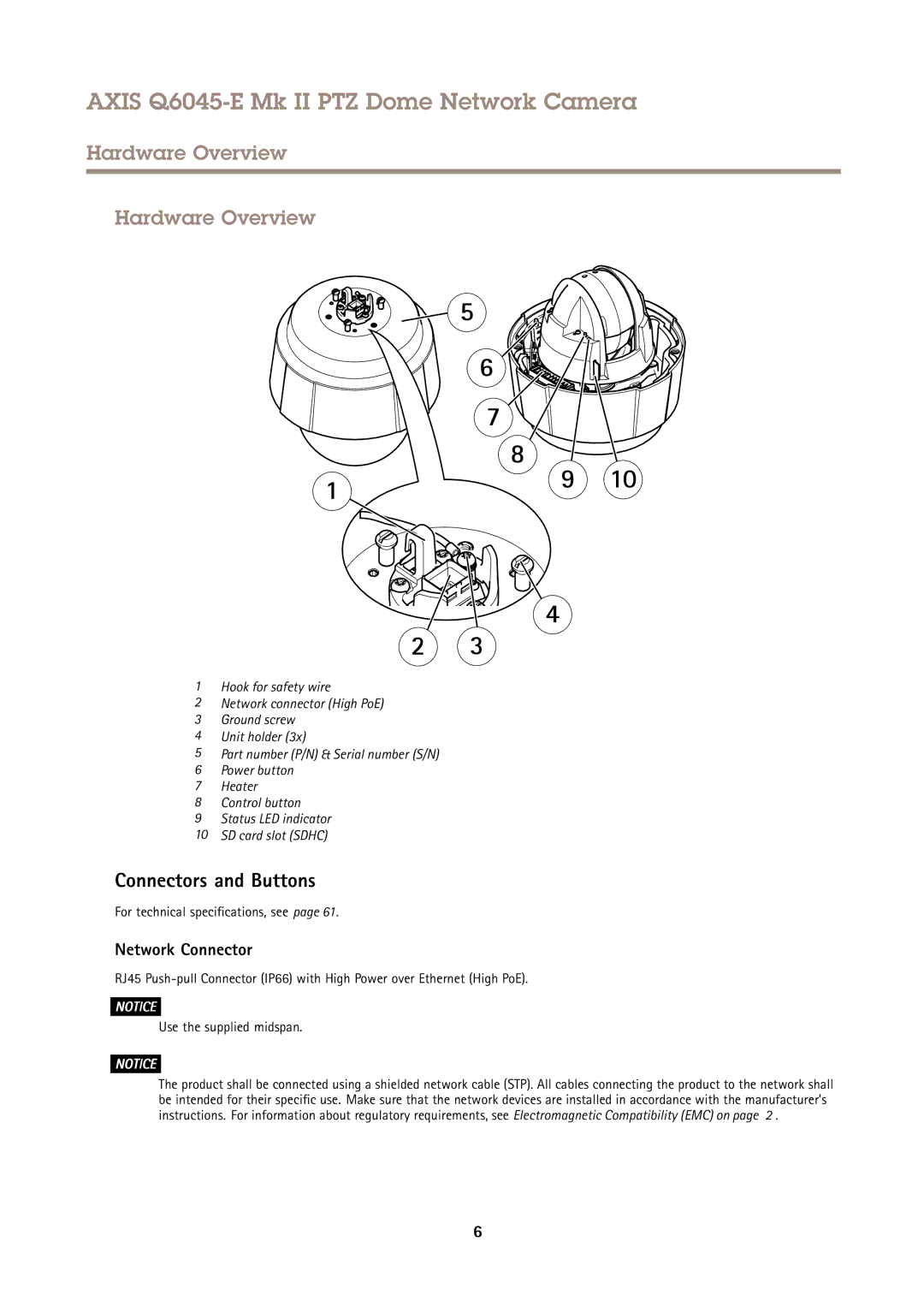 Axis Communications Q6045-E user manual Hardware Overview, Connectors and Buttons, Network Connector 