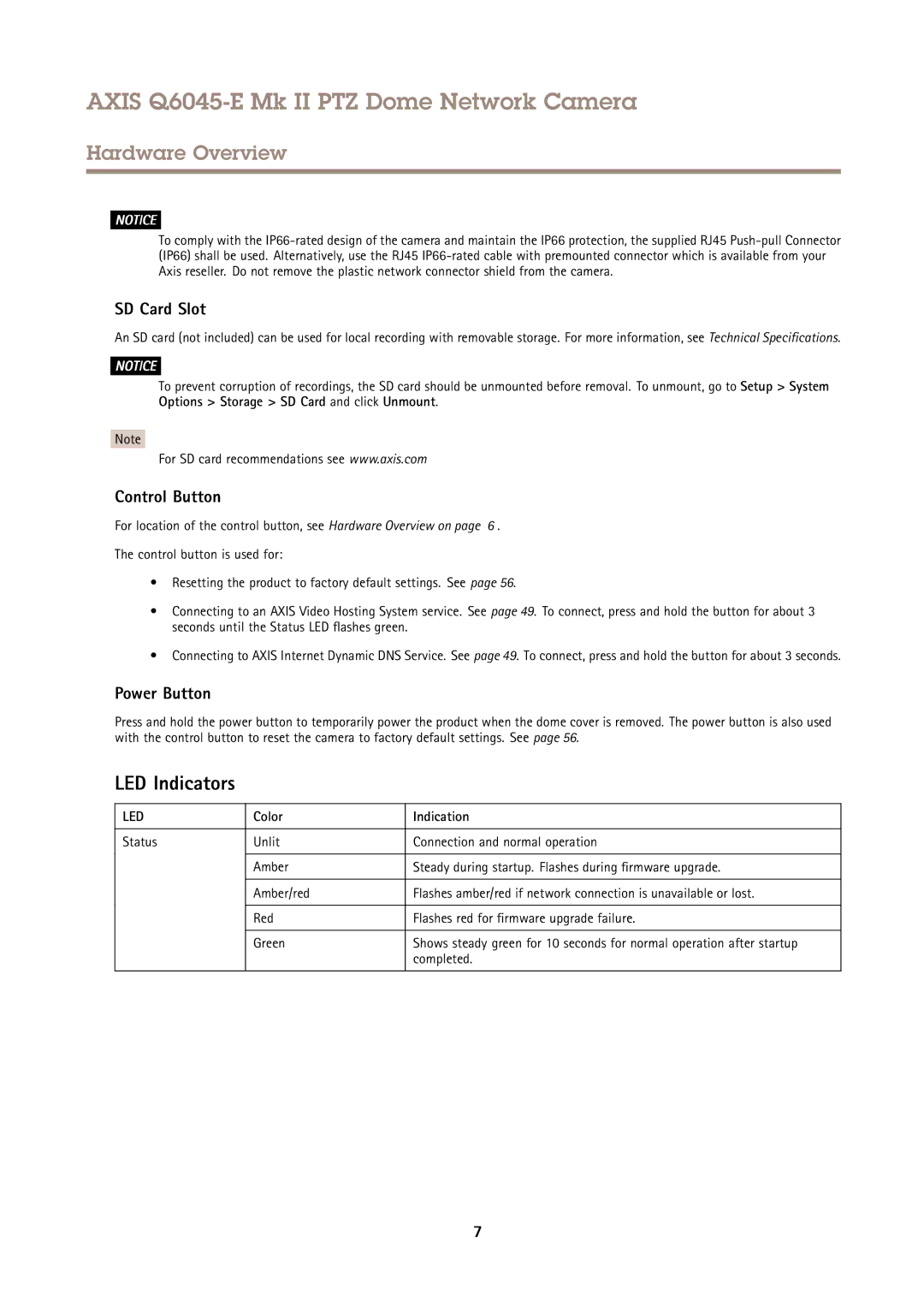 Axis Communications Q6045-E user manual LED Indicators, SD Card Slot, Control Button, Power Button, Color Indication 