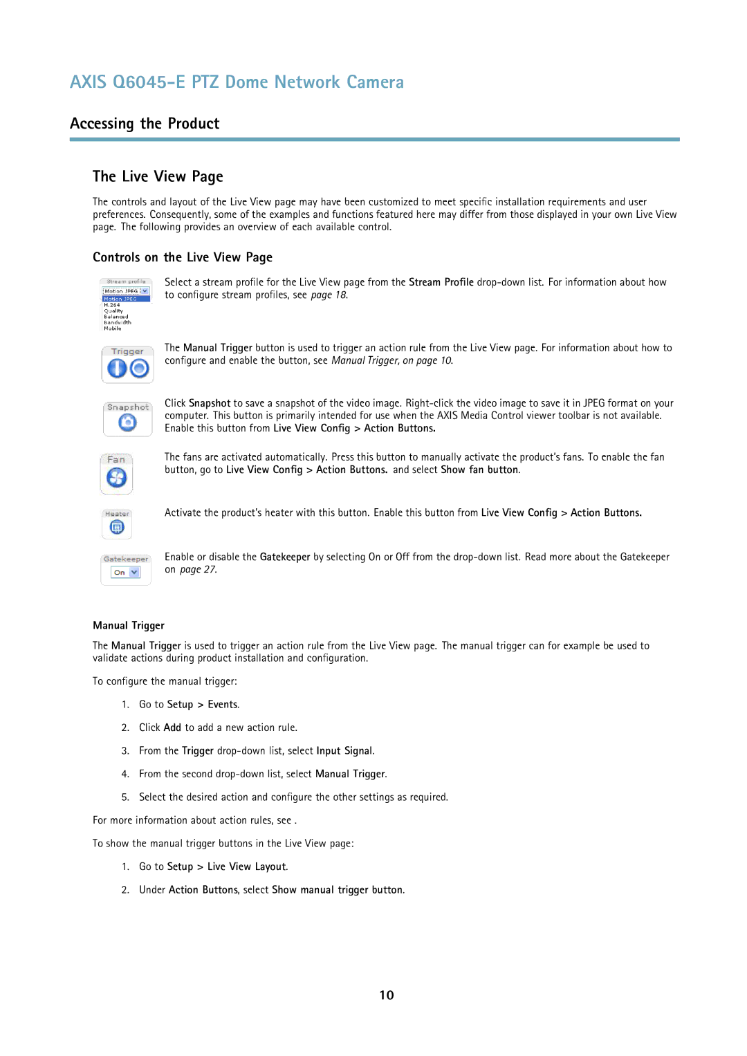 Axis Communications Q6045-E Accessing the Product Live View, Controls on the Live View, Manual Trigger, Go to Setup Events 