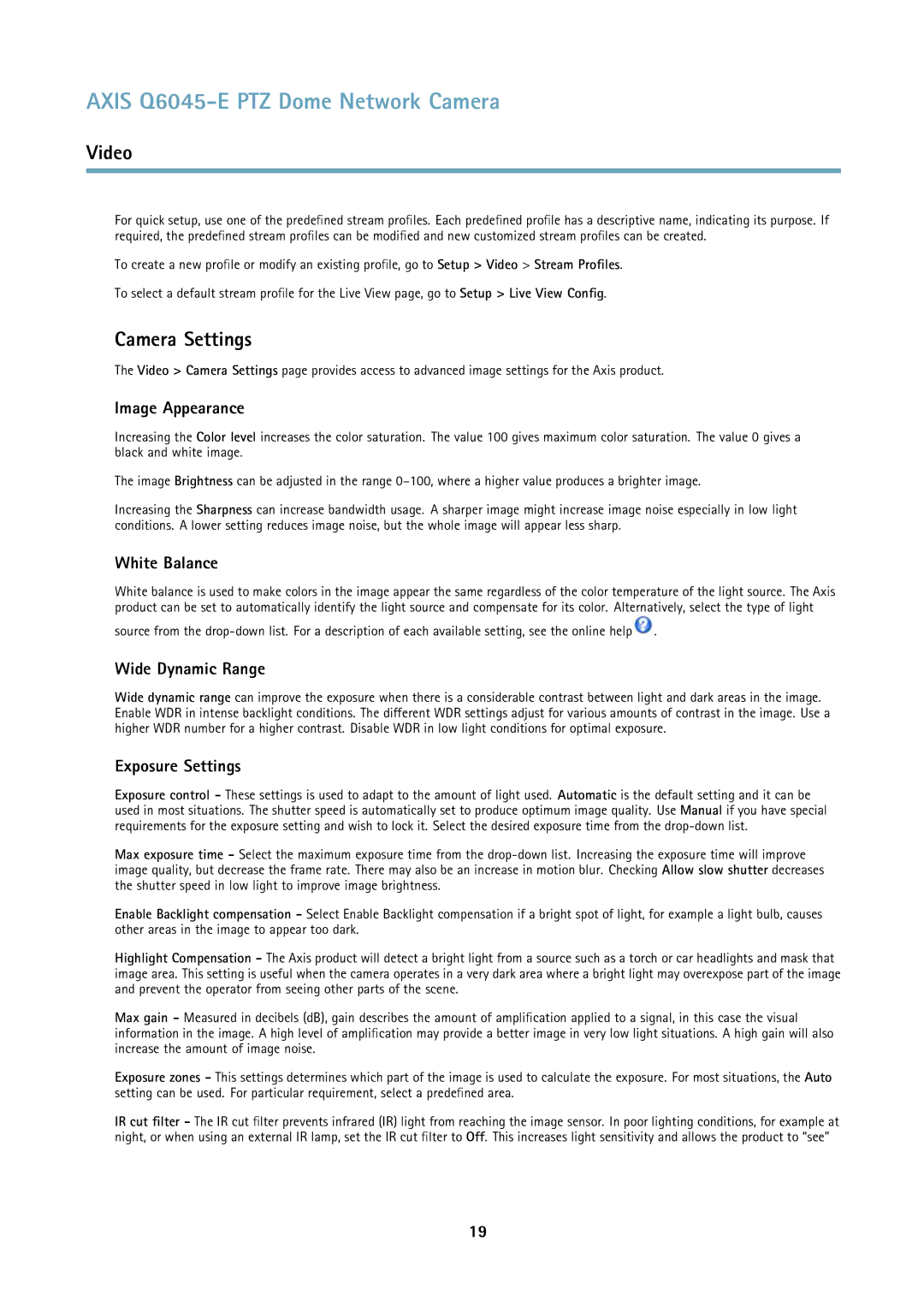 Axis Communications Q6045-E Camera Settings, Image Appearance, White Balance, Wide Dynamic Range, Exposure Settings 