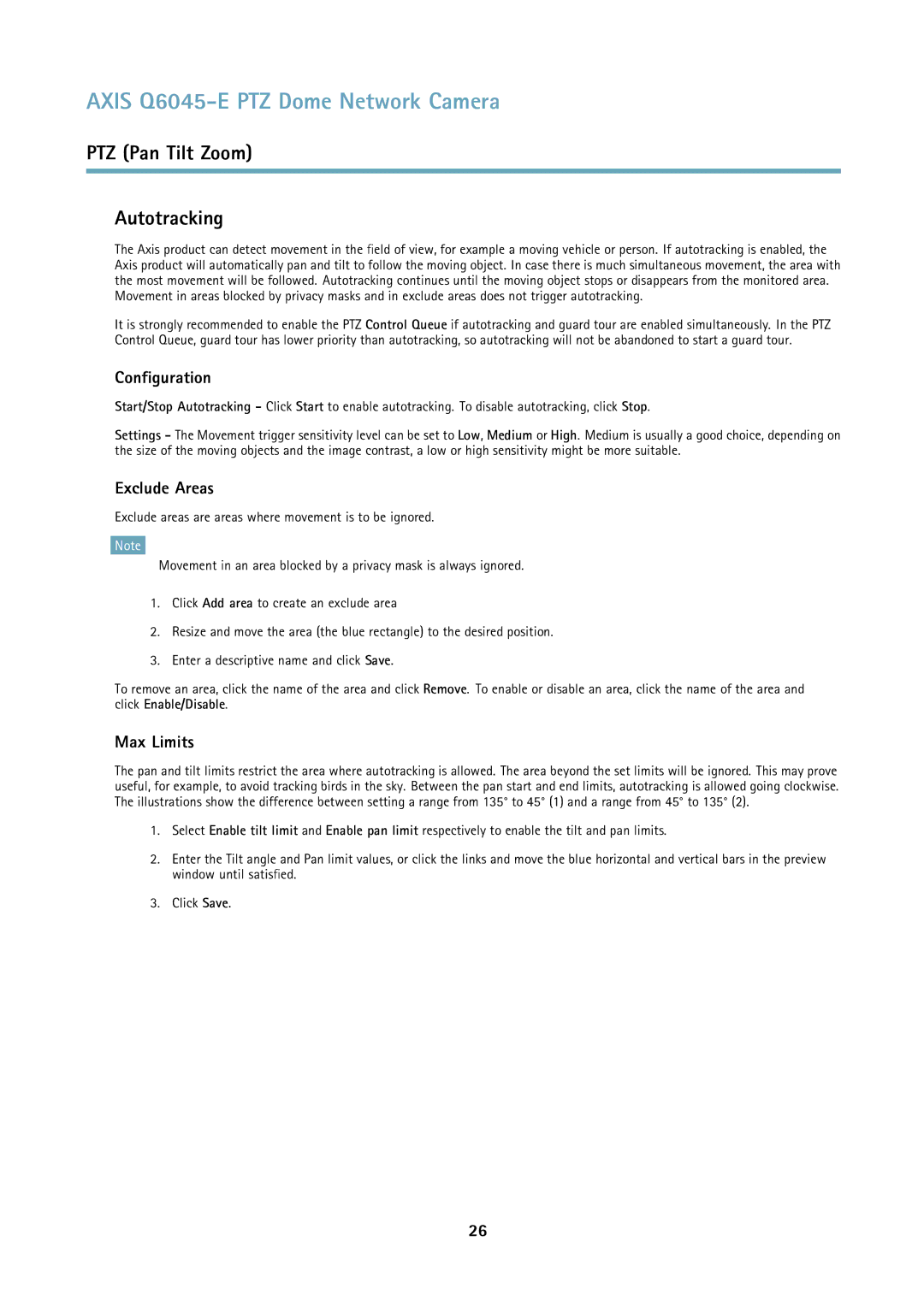 Axis Communications Q6045-E user manual PTZ Pan Tilt Zoom Autotracking, Configuration, Exclude Areas, Max Limits 