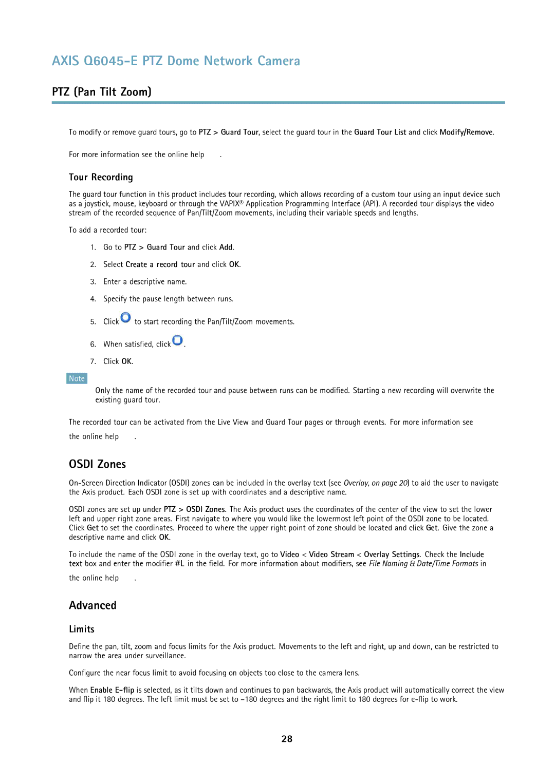 Axis Communications Q6045-E user manual Osdi Zones, Advanced, Tour Recording, Limits 