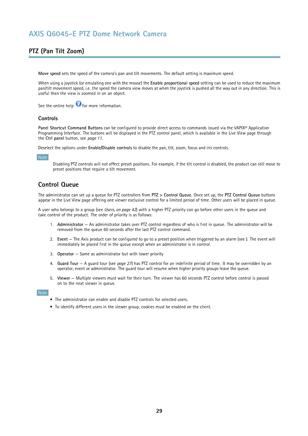 Axis Communications Q6045-E user manual Control Queue, Controls 